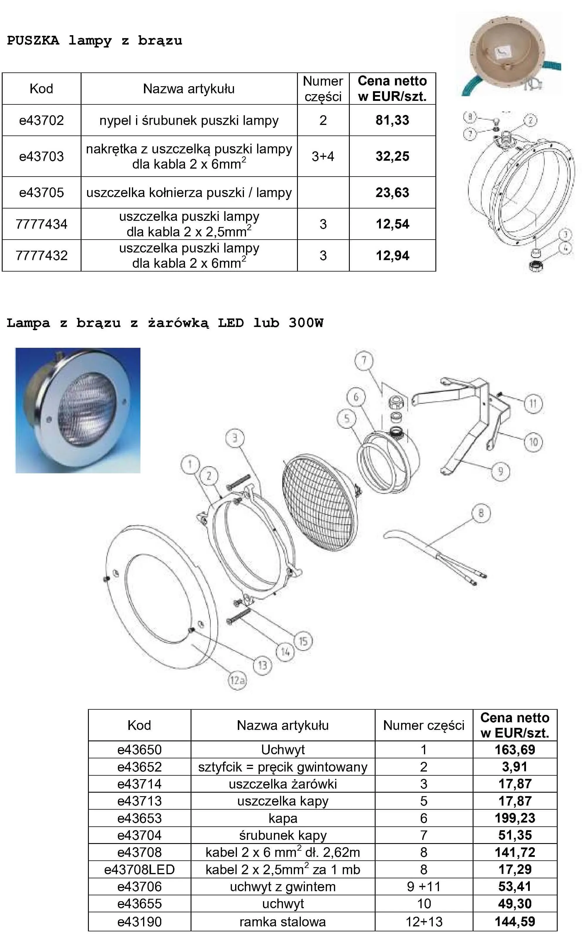 Części do lampy basenowej z brązu z wkładami 300W lub LED